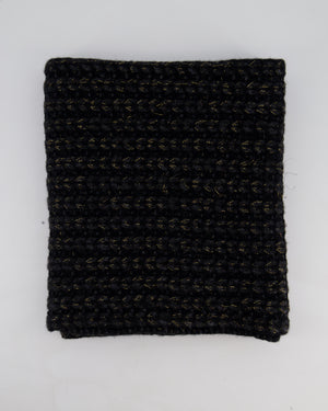 Chanel Black Grey and Gold Metallic Knitted Cashmere Blend Scarf with White CC Logo Button One Size&nbsp;