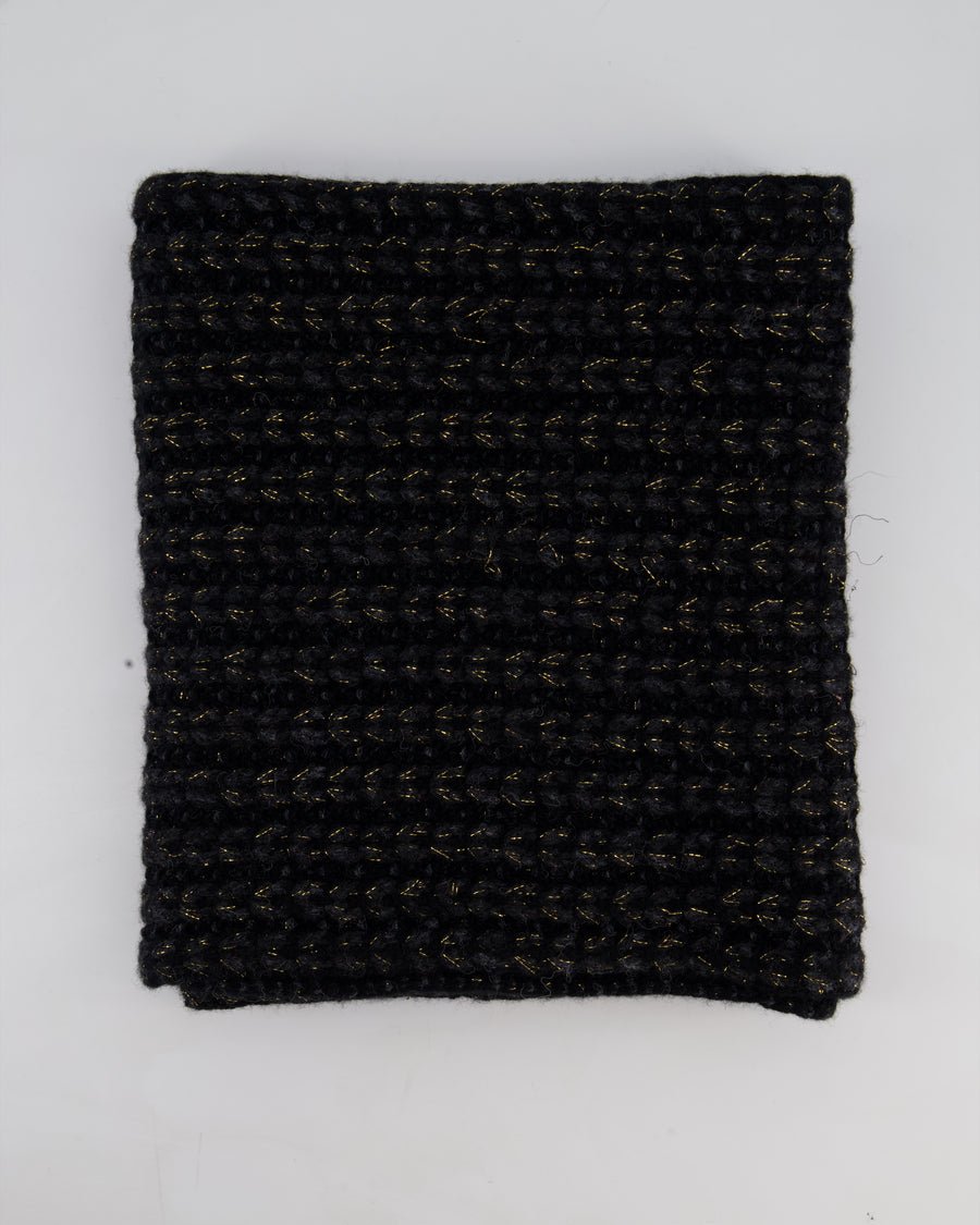 Chanel Black Grey and Gold Metallic Knitted Cashmere Blend Scarf with White CC Logo Button One Size&nbsp;
