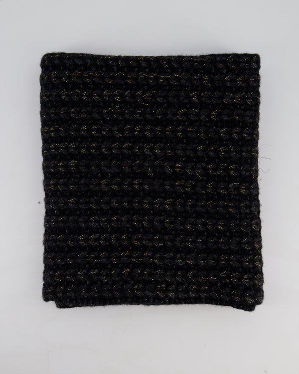 Chanel Black Grey and Gold Metallic Knitted Cashmere Blend Scarf with White CC Logo Button One Size&nbsp;