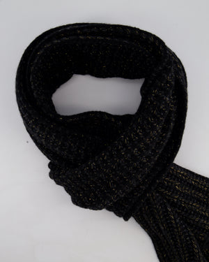 Chanel Black Grey and Gold Metallic Knitted Cashmere Blend Scarf with White CC Logo Button One Size&nbsp;
