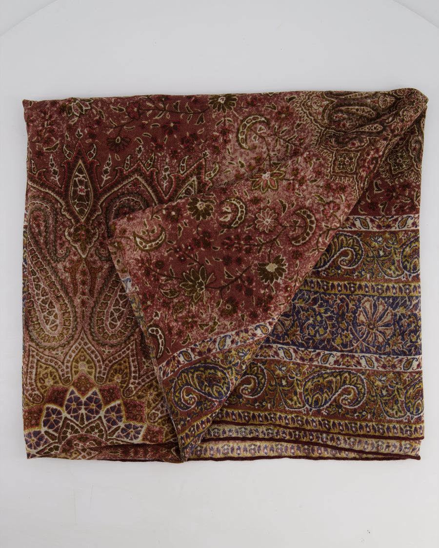 Loro Piana Cashmere and Silk Brown Shawl Scarf with Paisley Print Brown Trim Detail