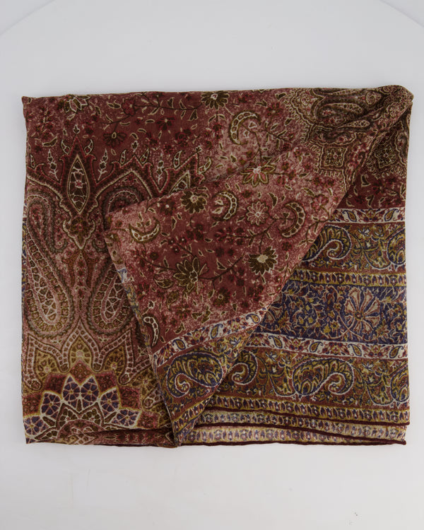 Loro Piana Cashmere and Silk Brown Shawl Scarf with Paisley Print Brown Trim Detail
