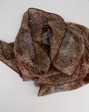 Loro Piana Cashmere and Silk Brown Shawl Scarf with Paisley Print Brown Trim Detail