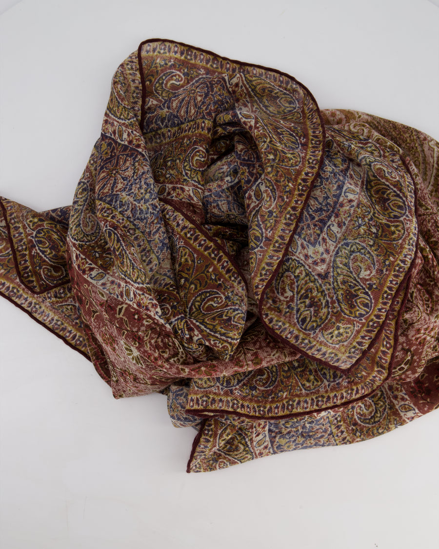 Loro Piana Cashmere and Silk Brown Shawl Scarf with Paisley Print Brown Trim Detail