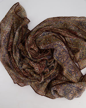 Loro Piana Cashmere and Silk Brown Shawl Scarf with Paisley Print Brown Trim Detail