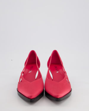 Prada Hot Pink Satin Pointed Toe Heels With Logo Detail and Black Sole Size EU 38.5