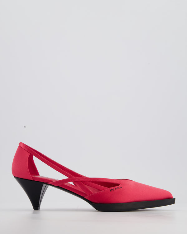 Prada Hot Pink Satin Pointed Toe Heels With Logo Detail and Black Sole Size EU 38.5