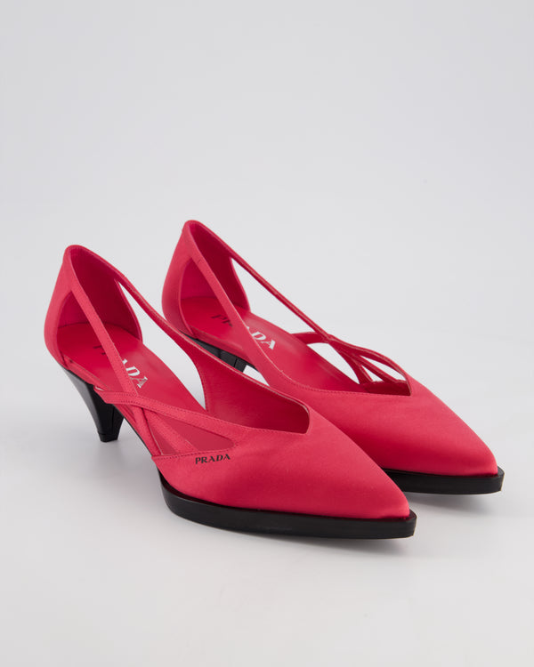 Prada Hot Pink Satin Pointed Toe Heels With Logo Detail and Black Sole Size EU 38.5