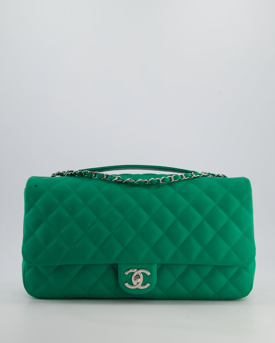 Chanel Green Jumbo Reversible Timeless Single Flap Bag in Lambskin Leather with Silver Hardware
