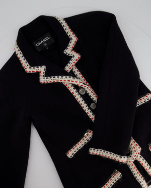 Chanel Navy Wool Long Sleeve Jacket with White and Red Trim, Double Pocket Detail and Ruthenium Logo Buttons Size FR 36 (UK 8)