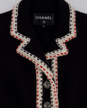 Chanel Navy Wool Long Sleeve Jacket with White and Red Trim, Double Pocket Detail and Ruthenium Logo Buttons Size FR 36 (UK 8)