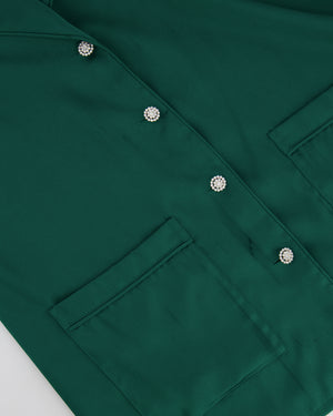 Nadine Merabi Green Satin Top and Trousers Set with Feather Trim Detail and Crystal Buttons Size UK 6/8