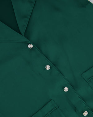 Nadine Merabi Green Satin Top and Trousers Set with Feather Trim Detail and Crystal Buttons Size UK 6/8