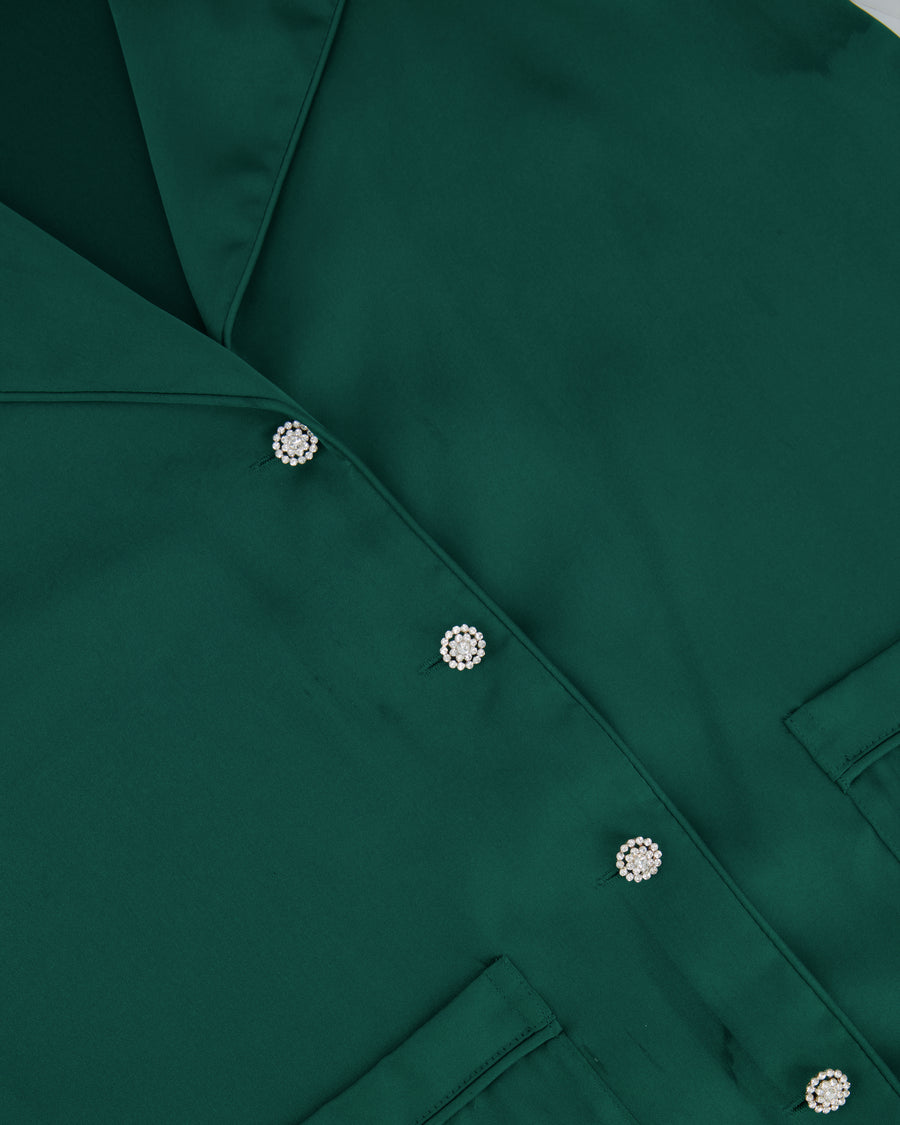 Nadine Merabi Green Satin Top and Trousers Set with Feather Trim Detail and Crystal Buttons Size UK 6/8