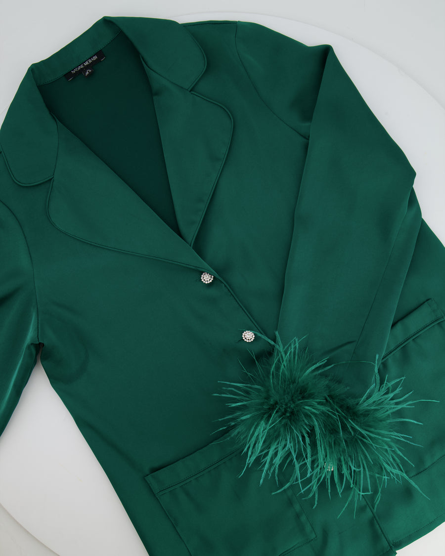 Nadine Merabi Green Satin Top and Trousers Set with Feather Trim Detail and Crystal Buttons Size UK 6/8