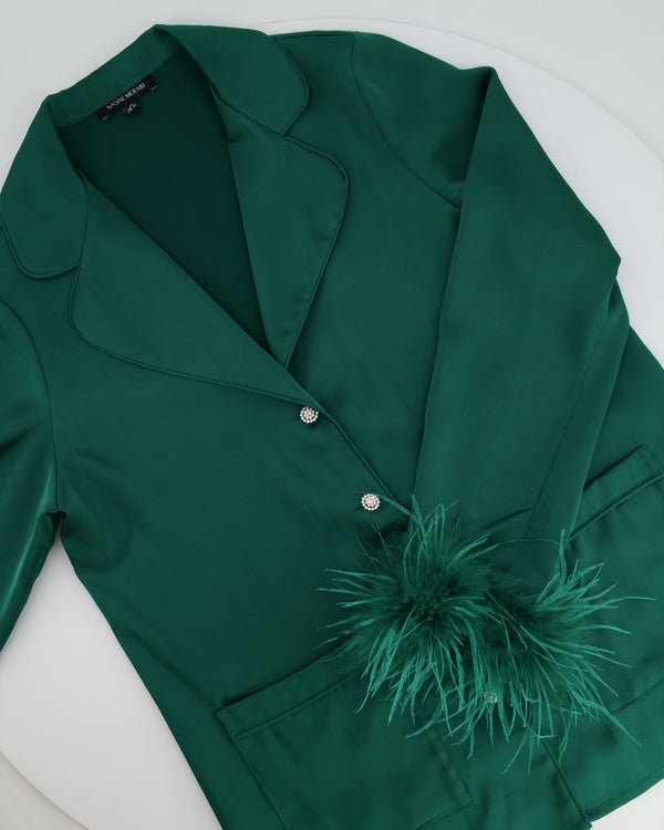 Nadine Merabi Green Satin Top and Trousers Set with Feather Trim Detail and Crystal Buttons Size UK 6/8