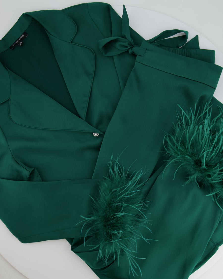 Nadine Merabi Green Satin Top and Trousers Set with Feather Trim Detail and Crystal Buttons Size UK 6/8