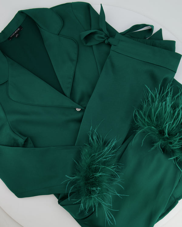 Nadine Merabi Green Satin Top and Trousers Set with Feather Trim Detail and Crystal Buttons Size UK 6/8