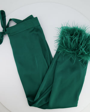 Nadine Merabi Green Satin Top and Trousers Set with Feather Trim Detail and Crystal Buttons Size UK 6/8