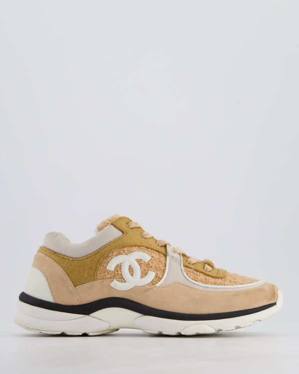 Chanel Peach and Cream Tweed Trainers with CC Logo Size EU 40.5