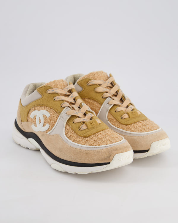 Chanel Peach and Cream Tweed Trainers with CC Logo Size EU 40.5