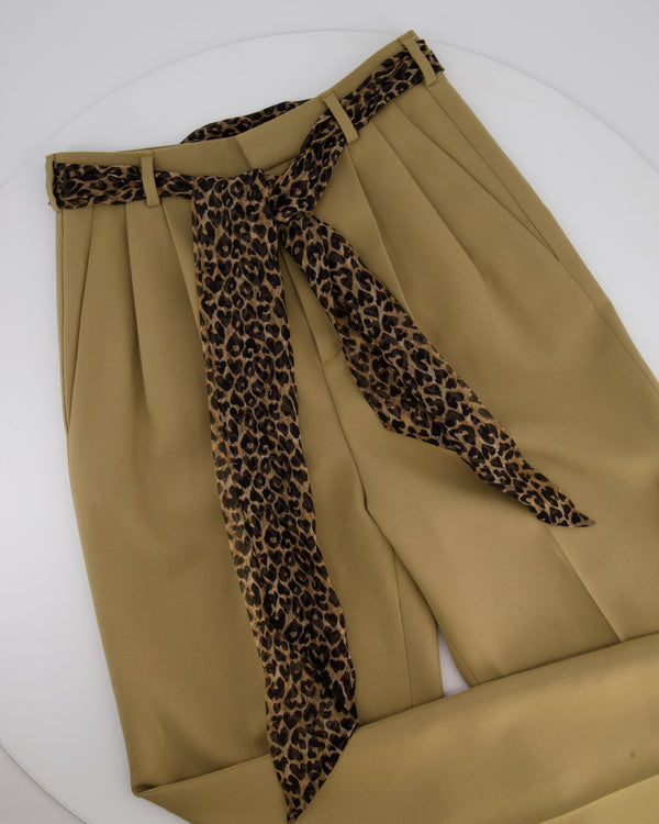 Saint Laurent Camel Wool Tailored Trousers with Brown Leopard Print Silk Tie Size FR 36 (UK 8)