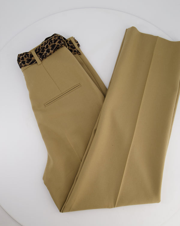 Saint Laurent Camel Wool Tailored Trousers with Brown Leopard Print Silk Tie Size FR 36 (UK 8)