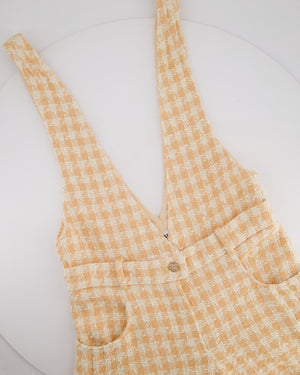 *RUNWAY* Chanel 23S Peach Cream Tweed Check V-Neck Jumpsuit with Patel Pink CC Button Size FR 36 (UK 8)