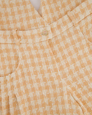 *RUNWAY* Chanel 23S Peach Cream Tweed Check V-Neck Jumpsuit with Patel Pink CC Button Size FR 36 (UK 8)