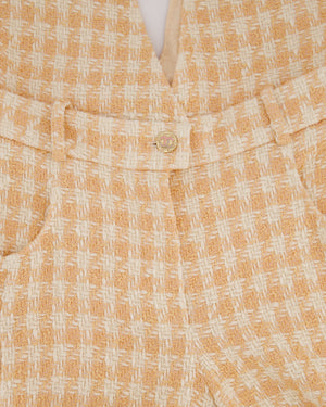 *RUNWAY* Chanel 23S Peach Cream Tweed Check V-Neck Jumpsuit with Patel Pink CC Button Size FR 36 (UK 8)
