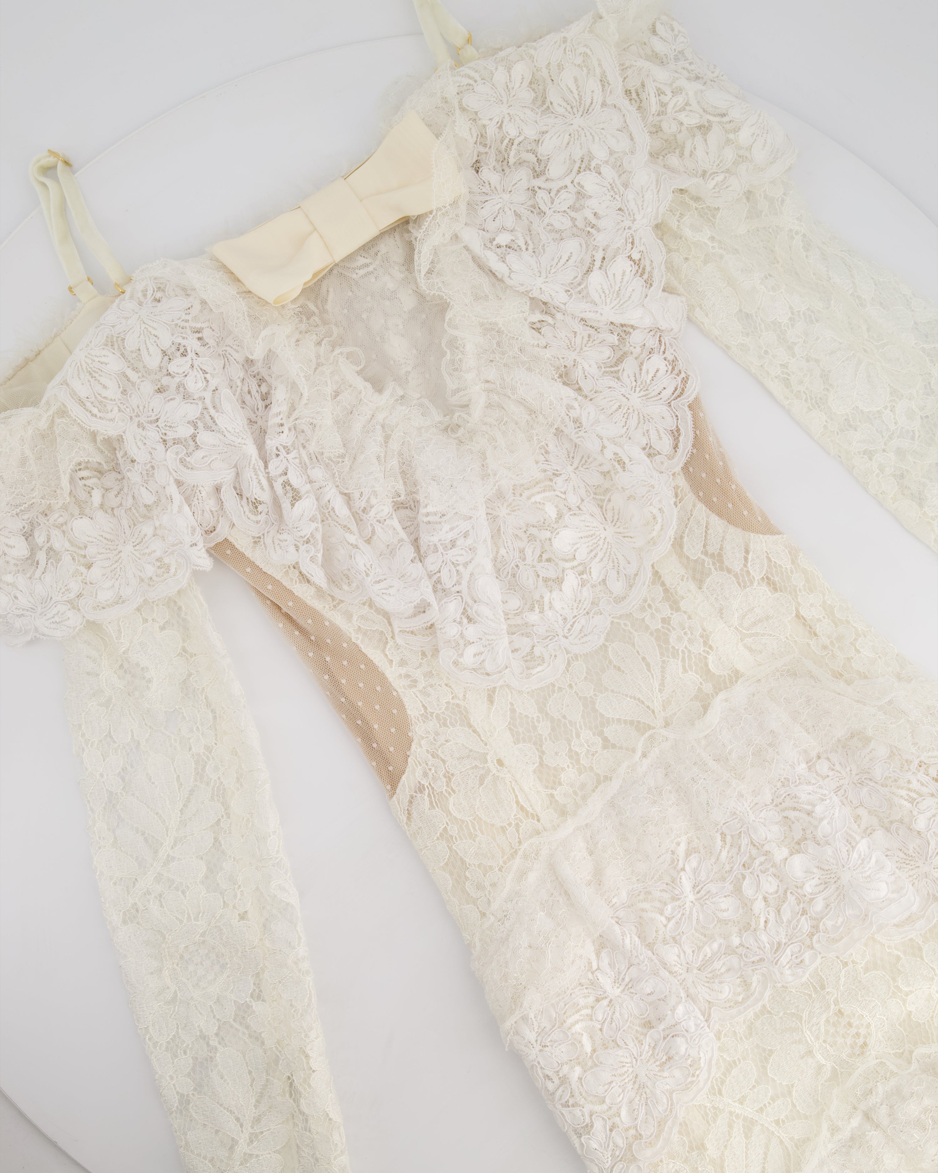 Alessandra Rich White Tiered Lace Long Sleeve Maxi Dress