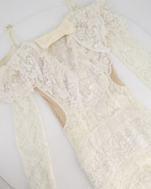 Alessandra Rich White Tiered Lace Long Sleeve Maxi Dress with Frills and Bow Detail Size IT 38 (UK 6)