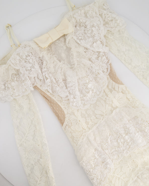 Alessandra Rich White Tiered Lace Long Sleeve Maxi Dress with Frills and Bow Detail Size IT 38 (UK 6)