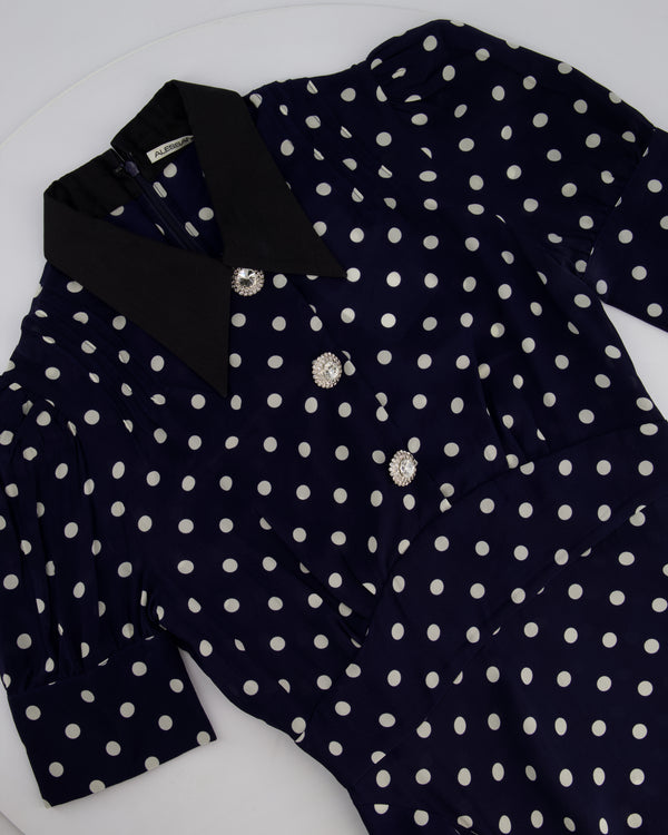 Alessandra Rich Navy, White Polkadot Long Sleeve Midi Dress IT 40 (UK 8)