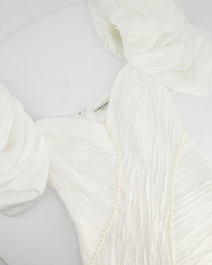 Alessandra Rich White Puff-Sleeve Ruched Crepe Mini Dress with Pearl Details Size IT 40 (UK 8)