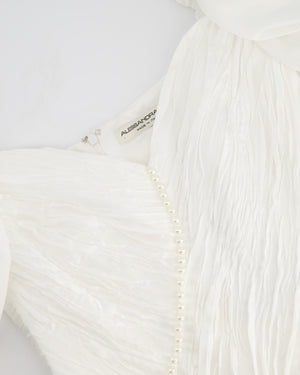 Alessandra Rich White Puff-Sleeve Ruched Crepe Mini Dress with Pearl Details Size IT 40 (UK 8)