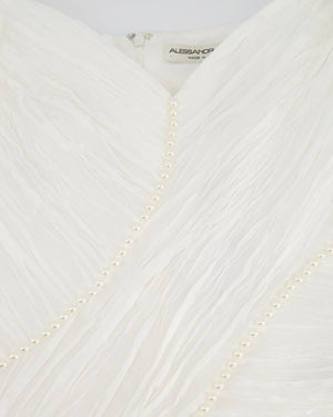 Alessandra Rich White Puff-Sleeve Ruched Crepe Mini Dress with Pearl Details Size IT 40 (UK 8)