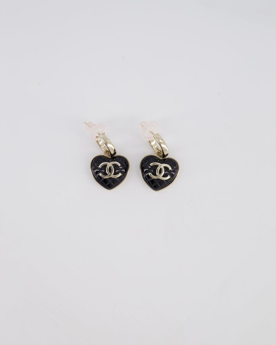 *HOT* Chanel 23A Champagne & Black CC Heart Pendant Earrings