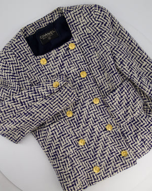 Chanel White and Navy Tweed Double Breasted Jacket with Gold Flower Button Detail FR 36 - 38 (UK 8 - 10)