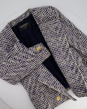 Chanel White and Navy Tweed Double Breasted Jacket with Gold Flower Button Detail FR 36 - 38 (UK 8 - 10)