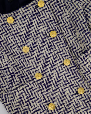 Chanel White and Navy Tweed Double Breasted Jacket with Gold Flower Button Detail FR 36 - 38 (UK 8 - 10)