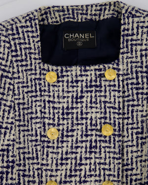 Chanel White and Navy Tweed Double Breasted Jacket with Gold Flower Button Detail FR 36 - 38 (UK 8 - 10)