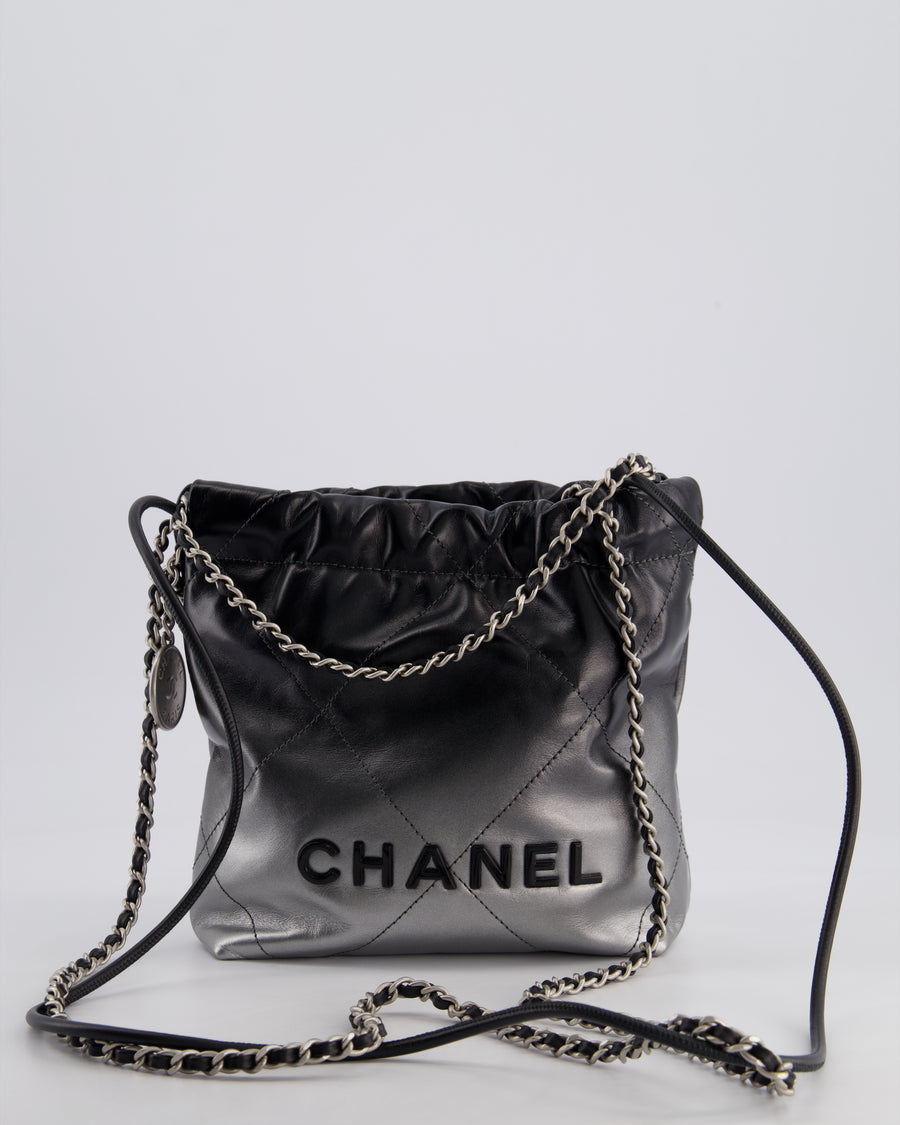 *RARE* Chanel Mini 22 Bag in Black & Silver Gradient Shiny Calfskin Leather with Brushed Silver Hardware and Back Logo Detail
