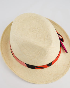 Chanel Beige Raffia Woven Hat with Black, Blue and Red Bandeaux and CC Logo Size M