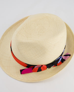 Chanel Beige Raffia Woven Hat with Black, Blue and Red Bandeaux and CC Logo Size M
