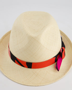 Chanel Beige Raffia Woven Hat with Black, Blue and Red Bandeaux and CC Logo Size M