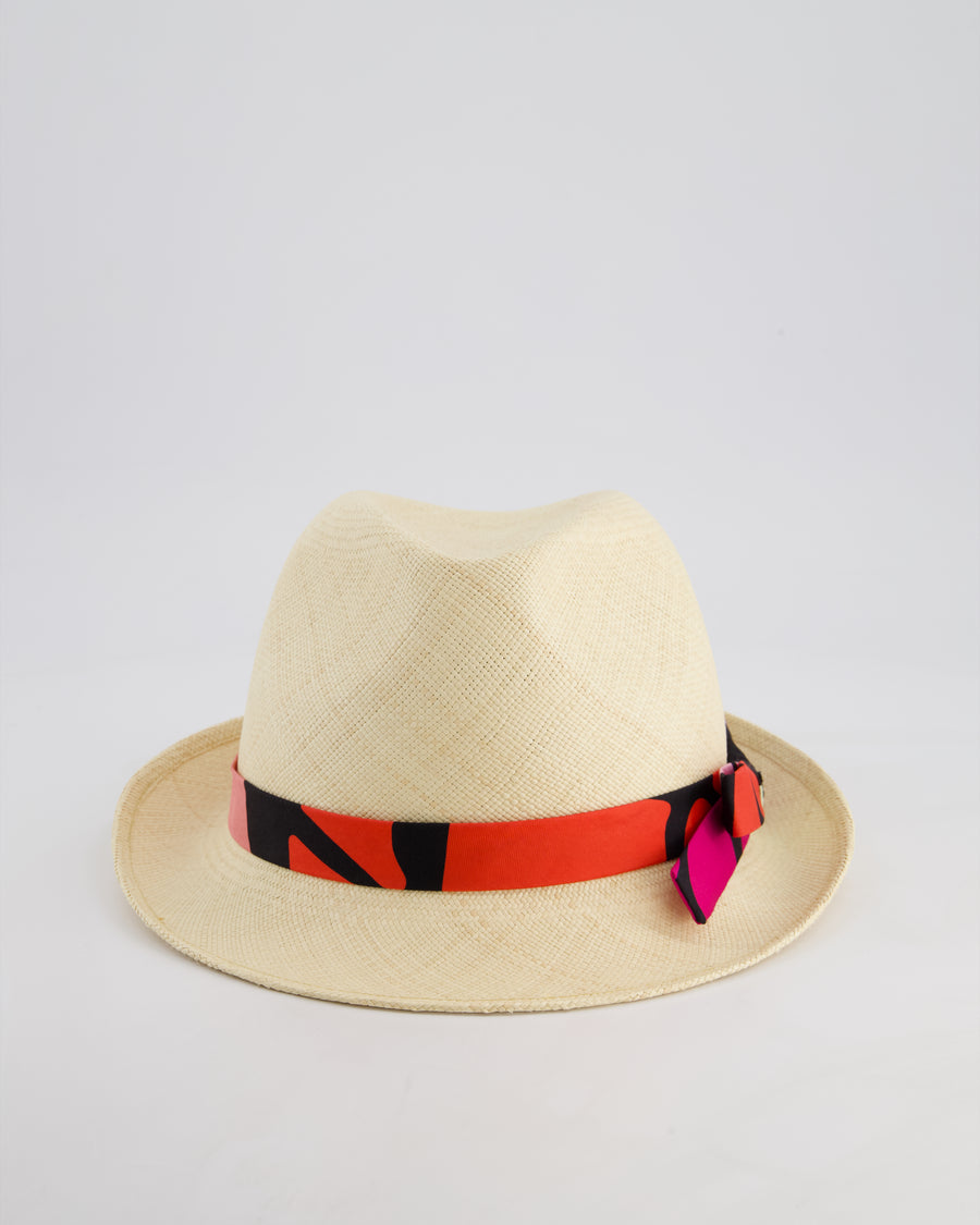 Chanel Beige Raffia Woven Hat with Black, Blue and Red Bandeaux and CC Logo Size M