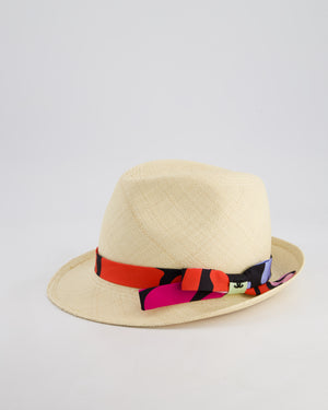 Chanel Beige Raffia Woven Hat with Black, Blue and Red Bandeaux and CC Logo Size M