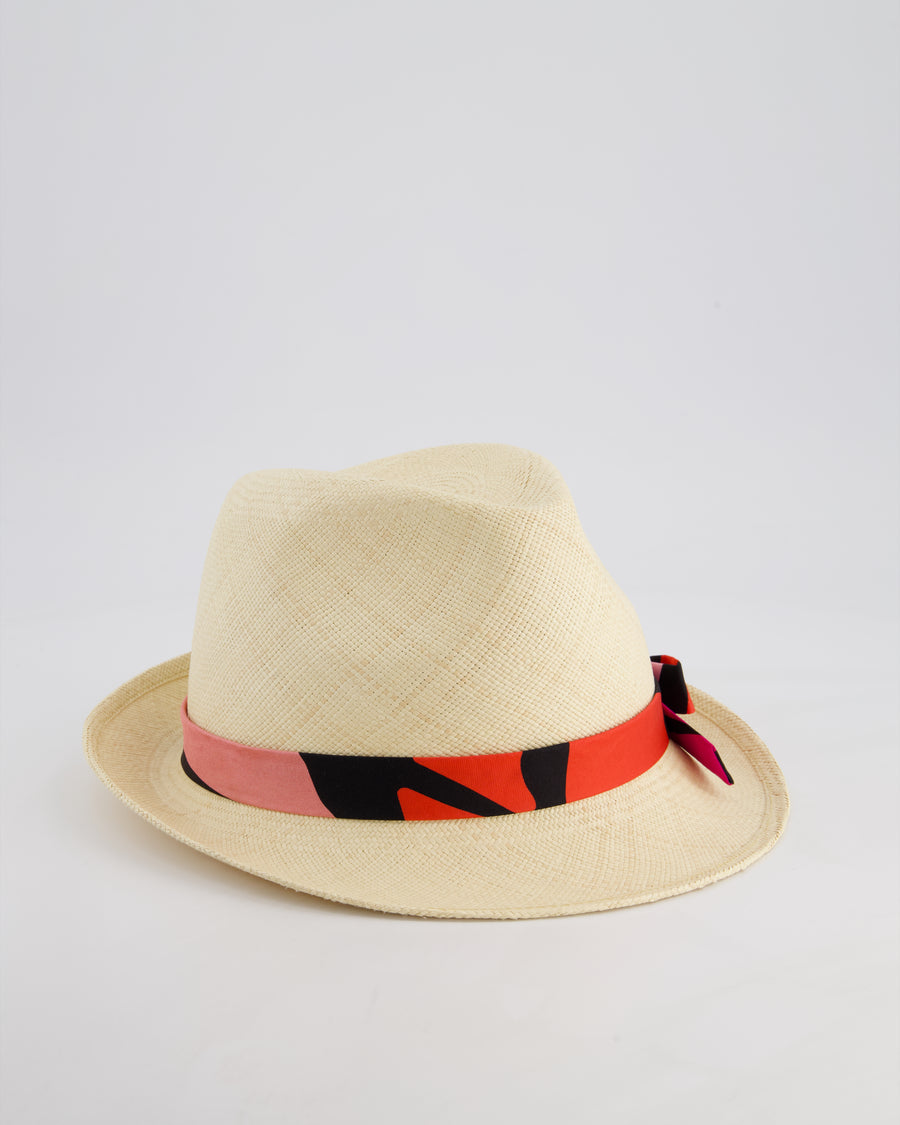 Chanel Beige Raffia Woven Hat with Black, Blue and Red Bandeaux and CC Logo Size M