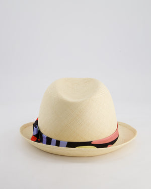 Chanel Beige Raffia Woven Hat with Black, Blue and Red Bandeaux and CC Logo Size M
